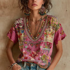 Women's Bohemian Floral Embroidery Art V-neck Linen Blend T-shirt