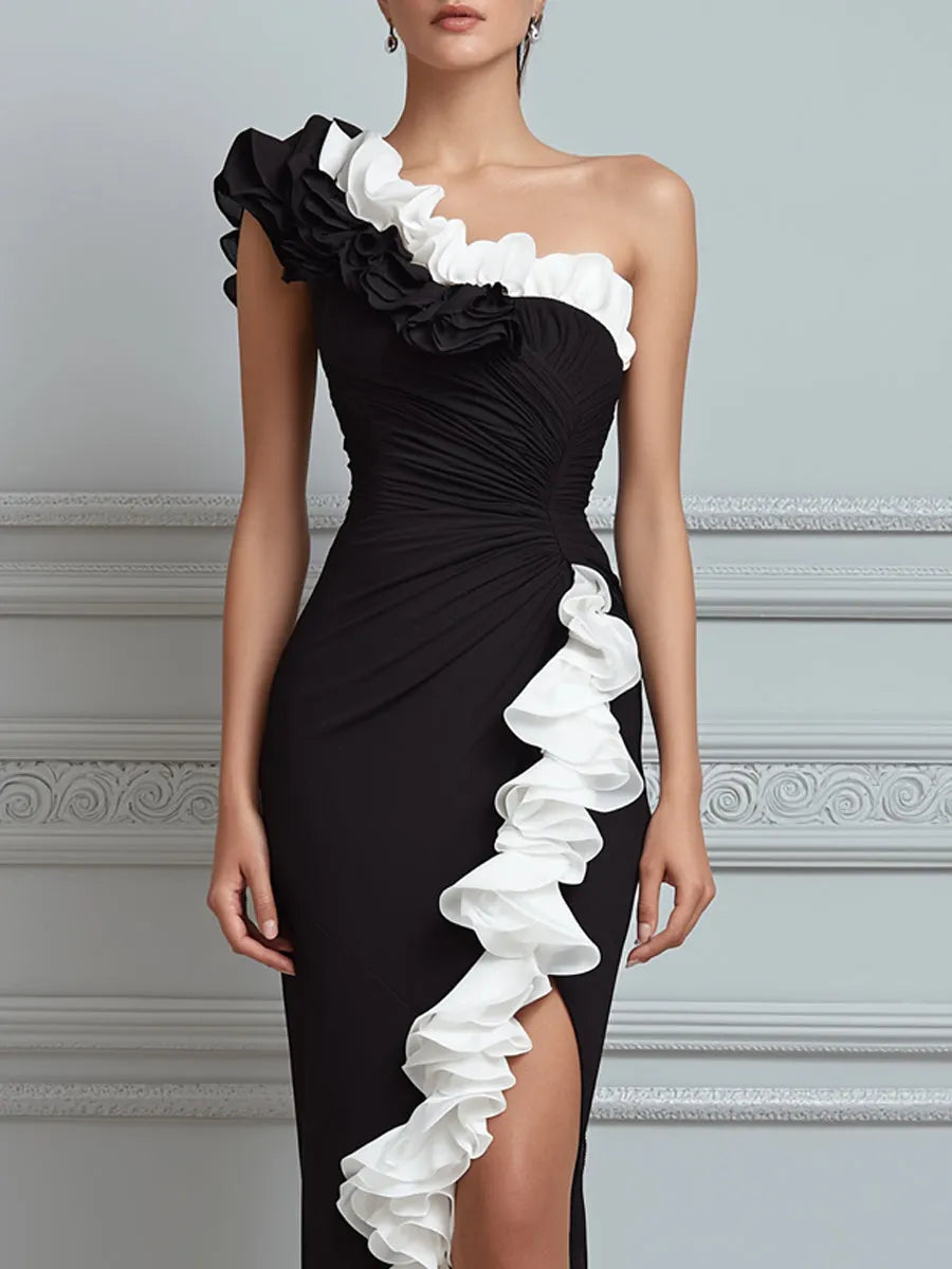 Black And White One-Shoulder Ruffle Evening Maxi Dress