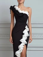 Black And White One-Shoulder Ruffle Evening Maxi Dress