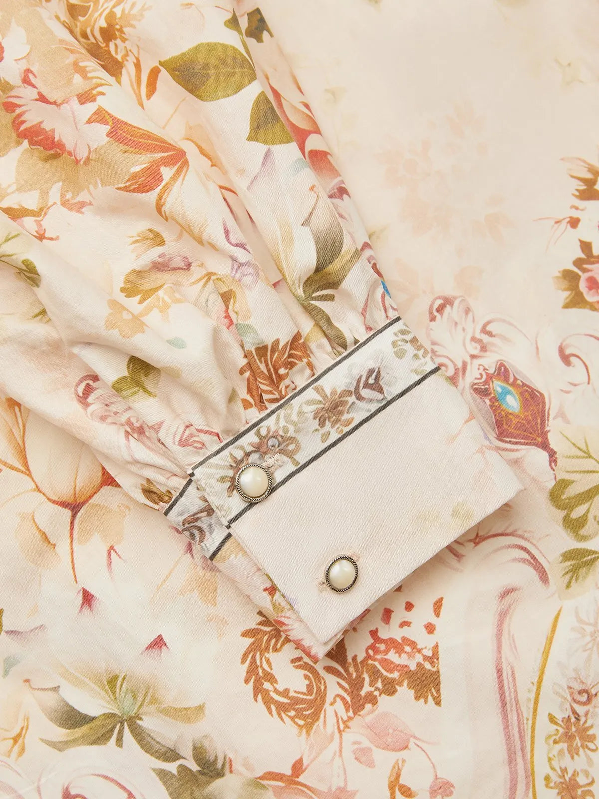 Apricot Floral Ruched Classic V Neck Long Sleeve Puff Sleeve A-Line Midi Dress