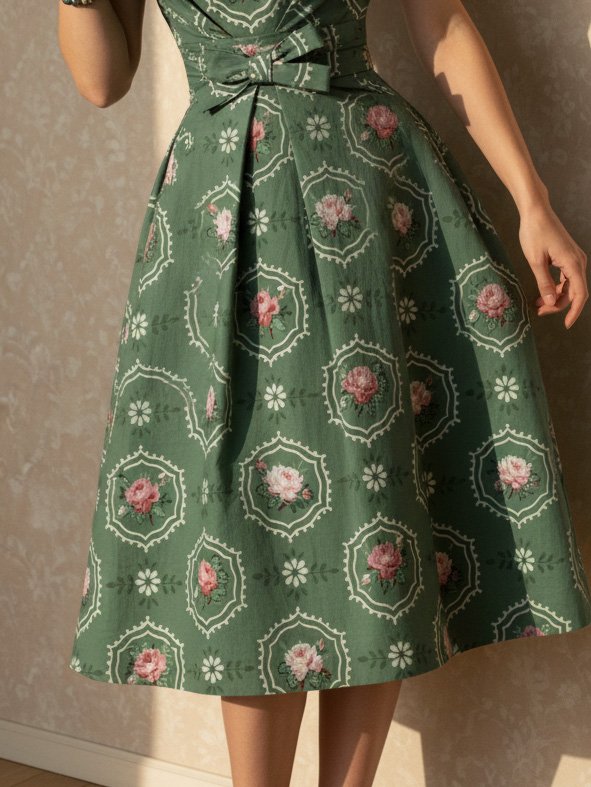 Midi Linen Dress, Sleeveless, Round Neck, Floral, Bow, Vintage, Green