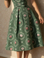 Midi Linen Dress, Sleeveless, Round Neck, Floral, Bow, Vintage, Green