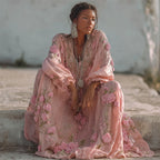 Boho Pink Flowers Glitter Lace Linen Maxi Dress