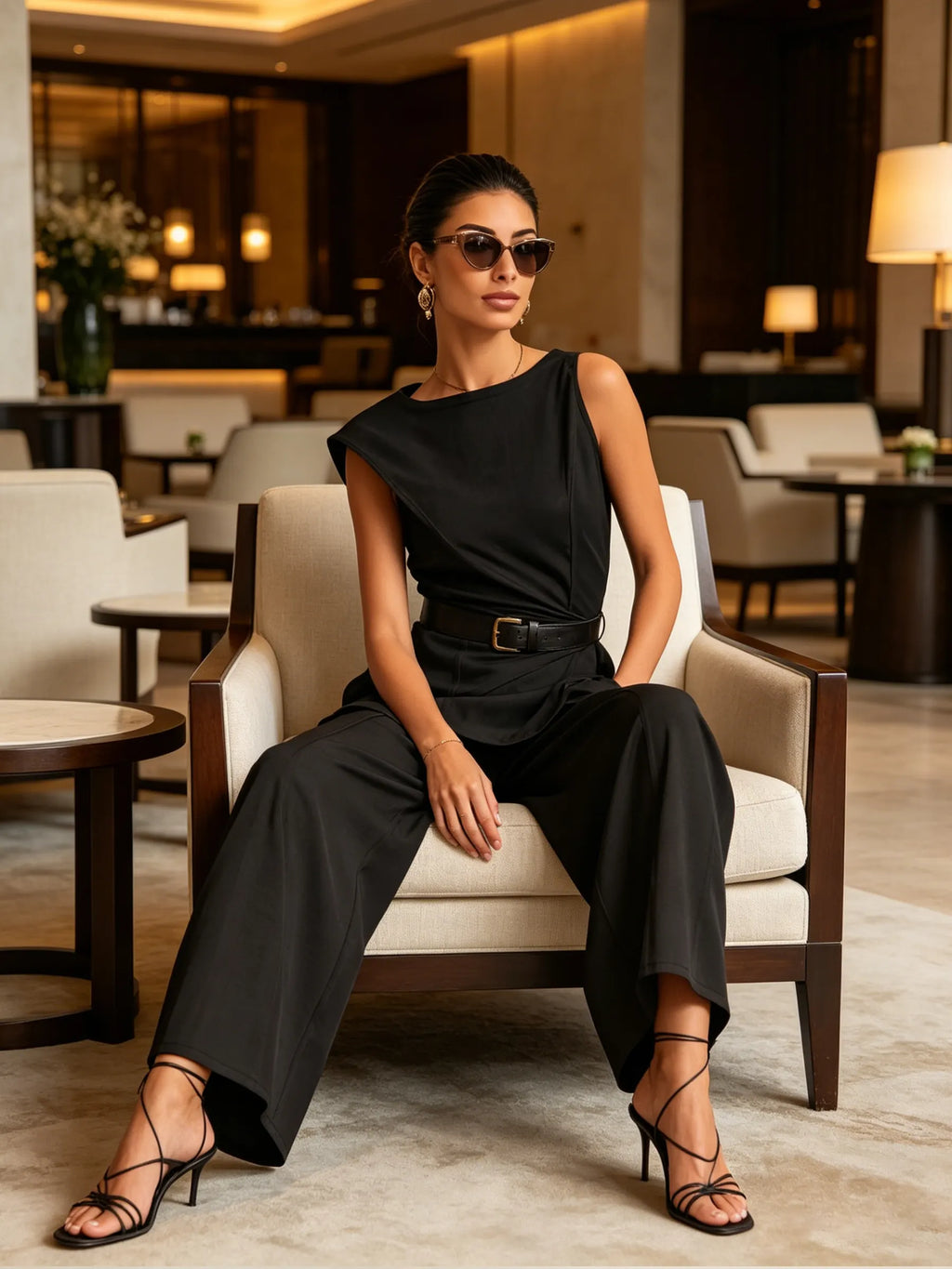 Asymmetric Twist Waist Top & Tailored Wide-Leg Pants Set
