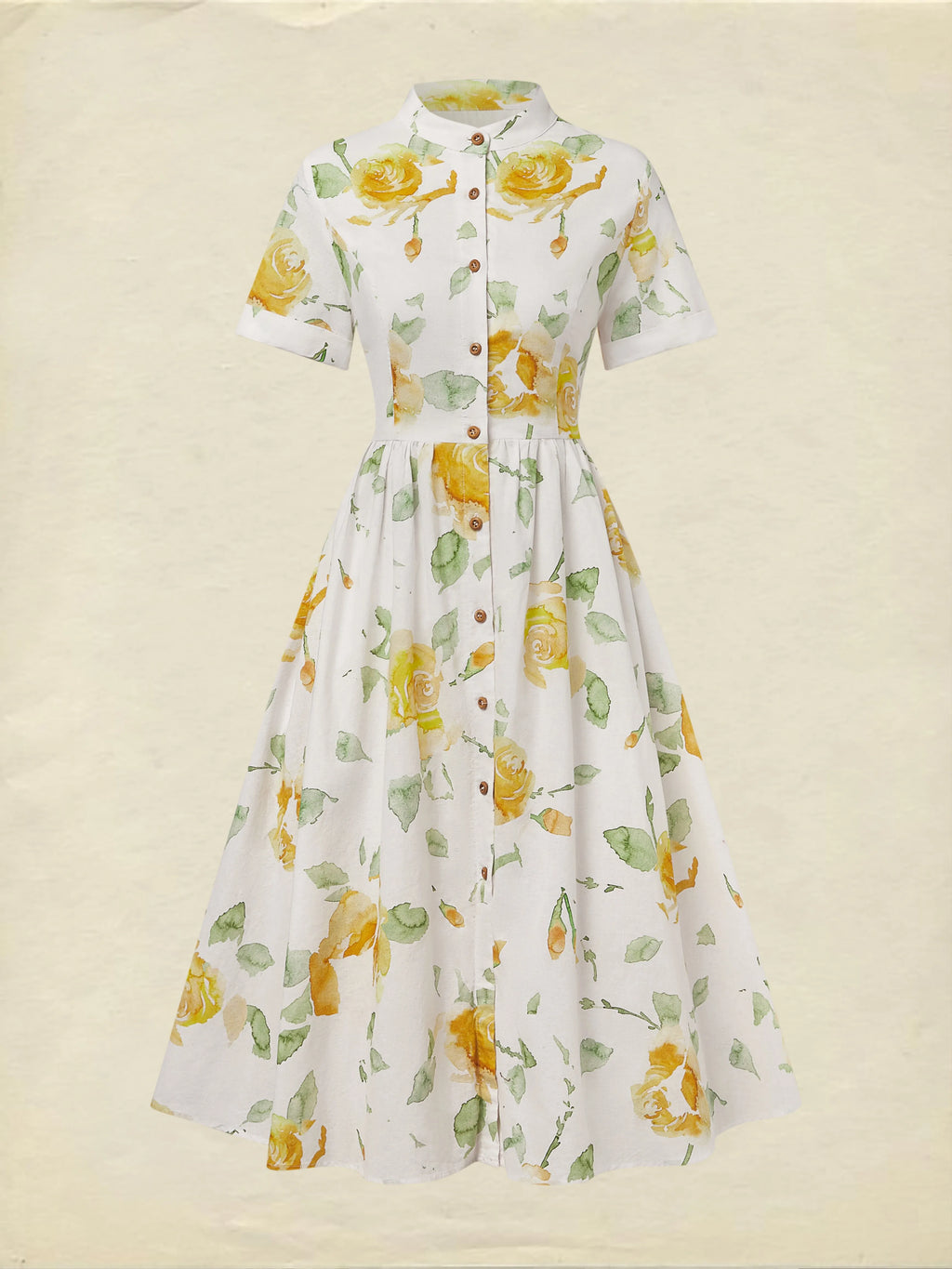 Linen Midi Dress, Short Sleeve, Floral, Vintage, White