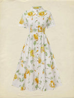 Linen Midi Dress, Short Sleeve, Floral, Vintage, White