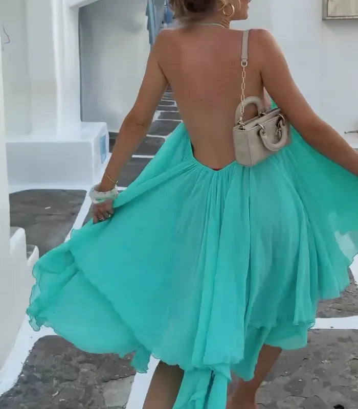 Turquoise Halter Flowy Ruffle Mini Chiffon Dress