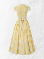 Midi Cotton Dress, Short Sleeves, Floral, French Vintage, Yellow