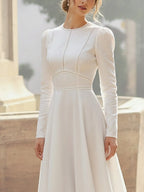 Maxi Linen Dress, Long Sleeves, Round Neck, Plain, French Vintage, White