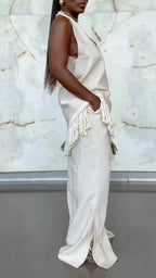 Fringe Halter Top & Flared Pants Two Piece Suit