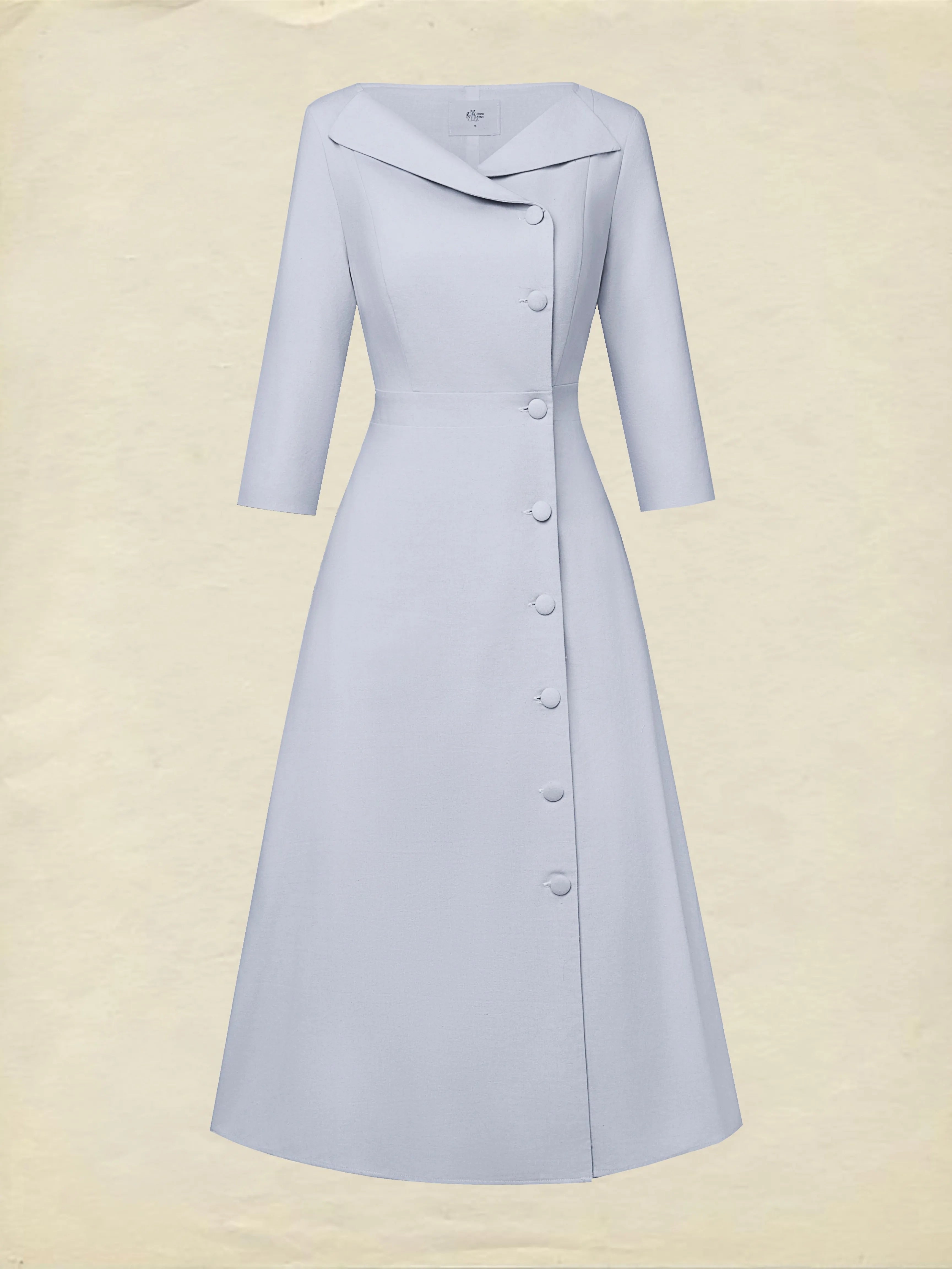 Midi Linen Dress, Half Sleeve, Shawl Collar, Plain, Button Design, French Vintage, lavender