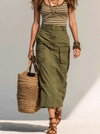 Casual Boho Stripe Top With High-Waist Cargo Skirt