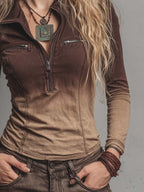 Retro Washed Half-zip Gradient Denim Blouse