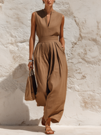 Brown Linen-Blend Sleeveless Wide-Leg Jumpsuit