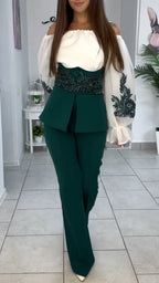 Off Shoulder Embroidered Top & Dark Green Peplum Flare Pant Two Piece Outfit
