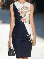 Modern Satin Dress With Color Block Design And Chest Embroidery