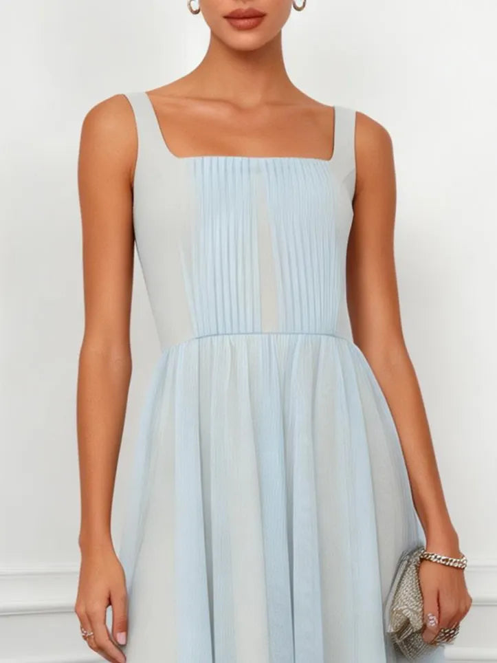 Light Blue Ruched Classic Square Neck Sleeveless A-Line Midi Dress
