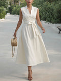 Midi Linen Dress , Sleeveless, V Neck, Plain, Belt Design, Vintage, White