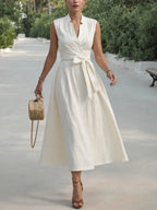 Midi Linen Dress , Sleeveless, V Neck, Plain, Belt Design, Vintage, White