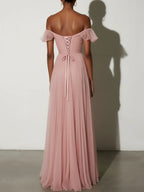 Pink Ruffled Pleated Tulle Off The Shoulder Short Sleeve A-Line Gown Dress