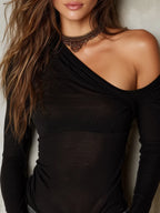 Retro Single-shoulder Knitted Long-sleeved T-shirt
