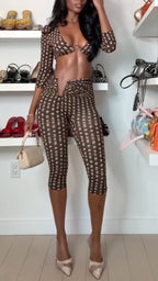 Brown Dot Mesh Bra Top & Capri Pants 2 Piece Matching Set