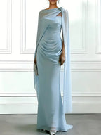 Light Blue 3D Floral Chiffon Boat Neck Cap Sleeve Sheath Gown Dress