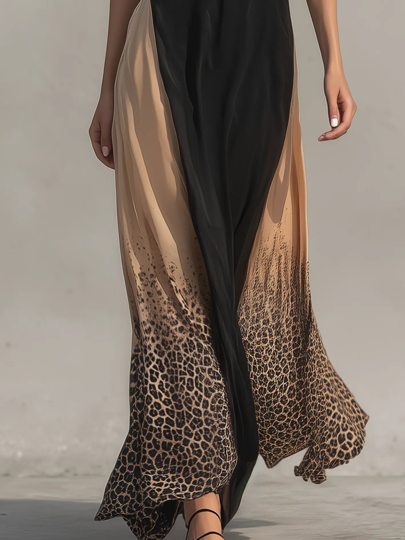 Black Gradient Leopard Print Chiffon Maxi Dress