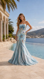 Gradient Floral Mermaid Train Evening Gown