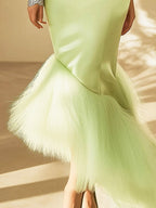 Mint Green Satin Dress with Feathered Bottom