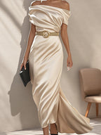 Elegant Champagne Satin Off-the-Shoulder Dress with Gold Belt