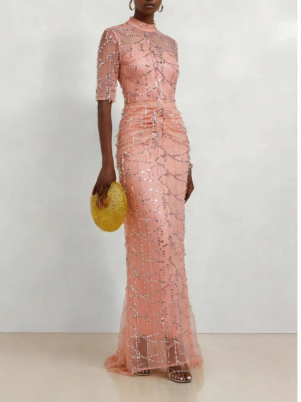 Peach Mesh Lace Crew Neck Half Sleeve Sheath Gown Dress