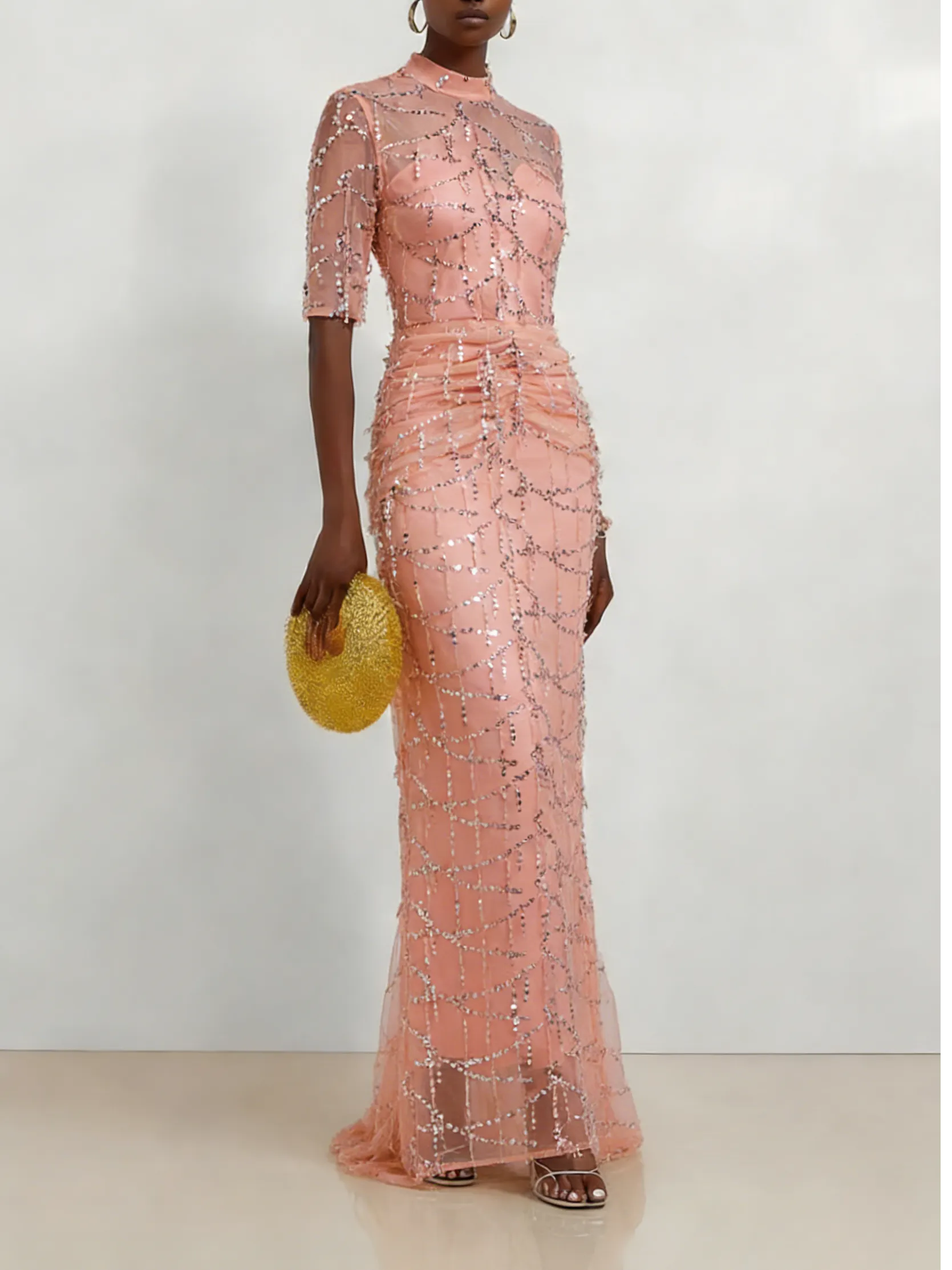 Peach Mesh Lace Crew Neck Half Sleeve Sheath Gown Dress