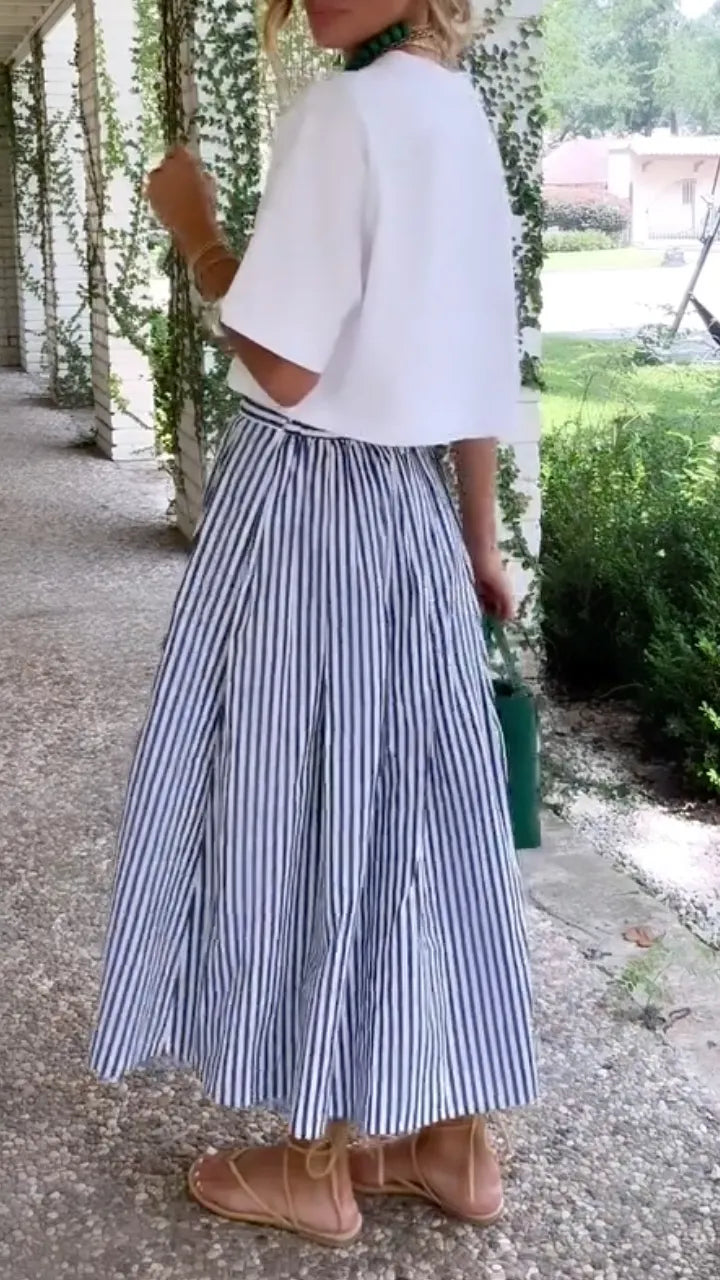 White Crop Tee & Striped Midi Skirt Outfit Two Piece Set