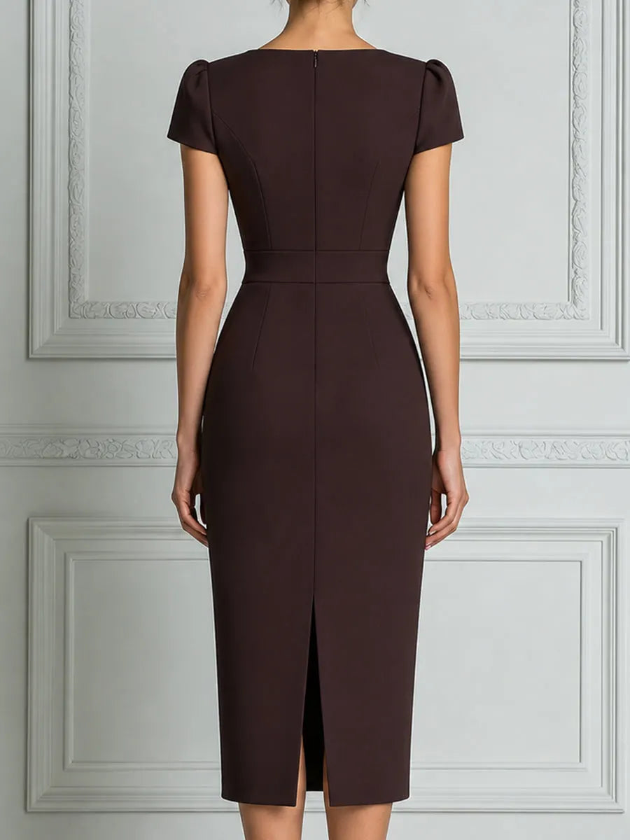 Deep V-Neck Embroidered Rose Fitted Midi Dress