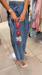 Floral Print Rhinestones Light Denim Harem Pants