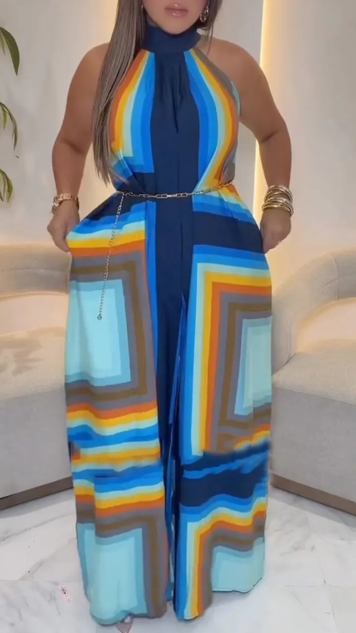 Multicolor Retro Geometric Halter Neck Wide Leg Jumpsuit