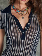 Bohemian Sheer Stripe Henley Knit Top