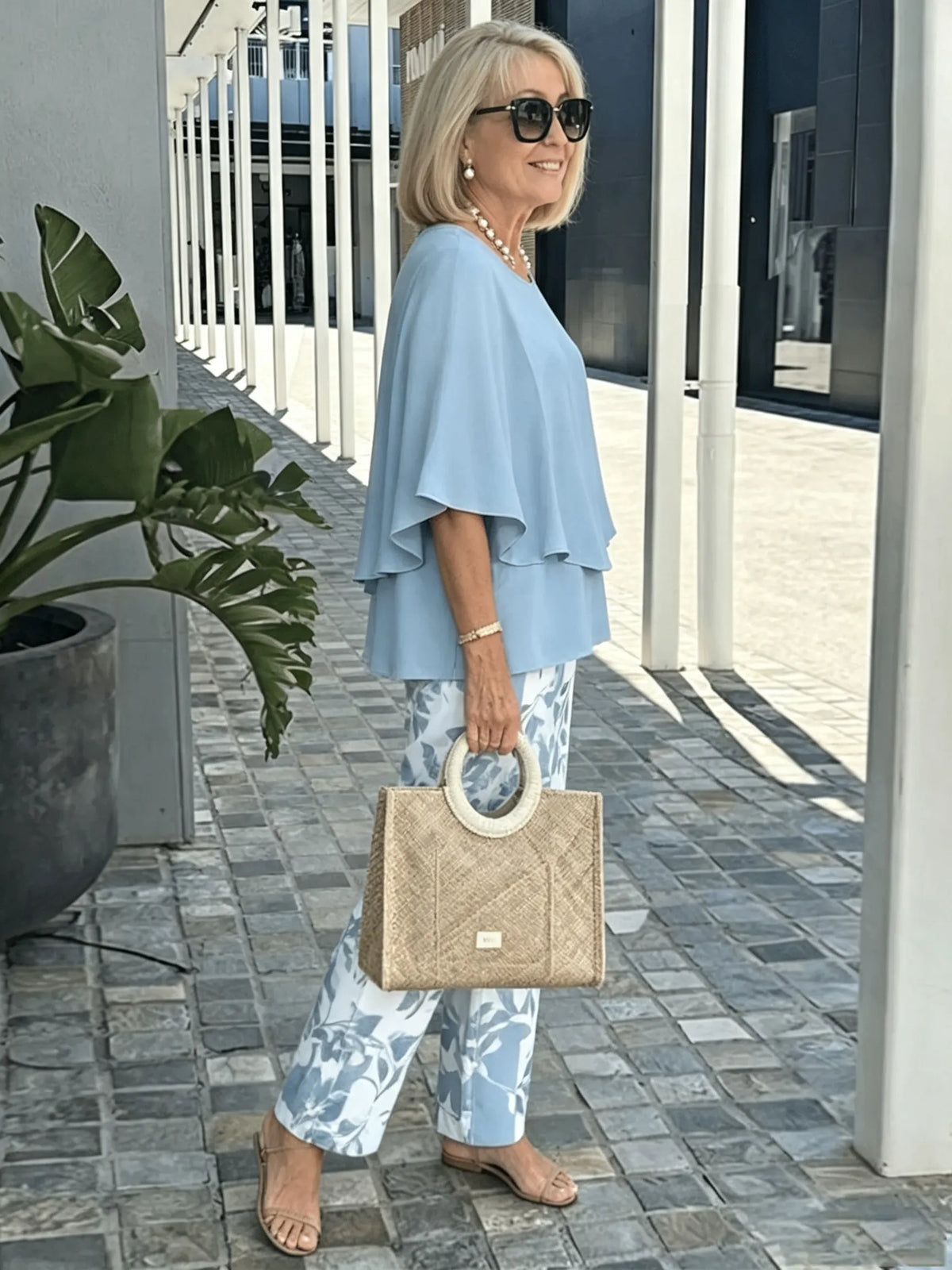 Women's 2 Piece Outfits Set, Crew Neck Flutter Sleeve Layered Blouse & Leaf Print Straight Leg Pants, Casual Loose Matching Two Piece Set for Summer Daily Wear
