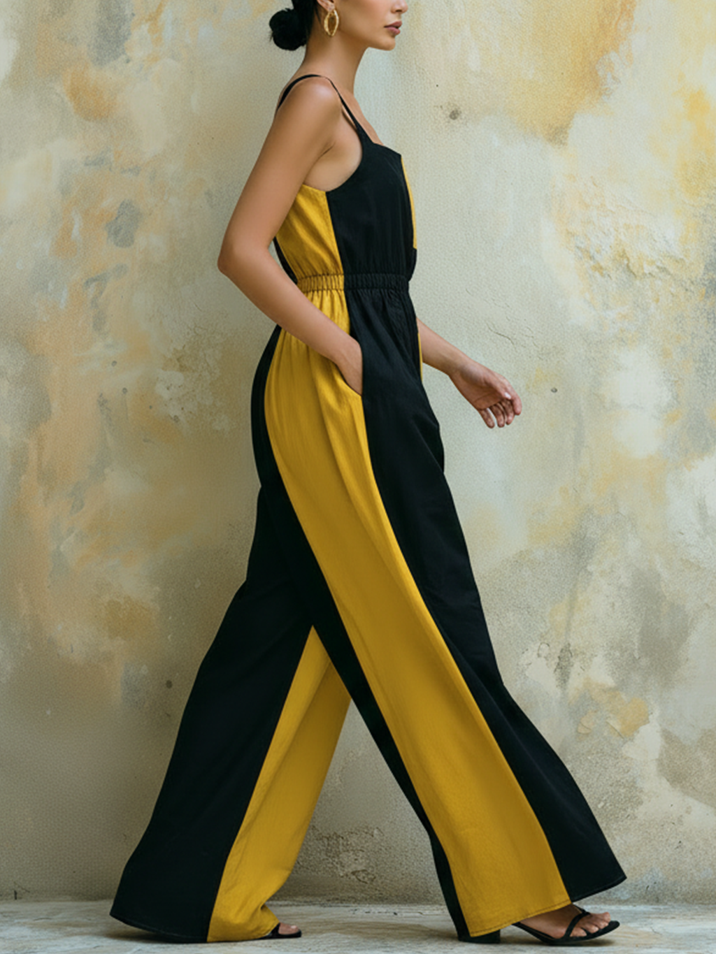 Black & Yellow Colorblock Sleeveless Wide Leg Jumpsuit