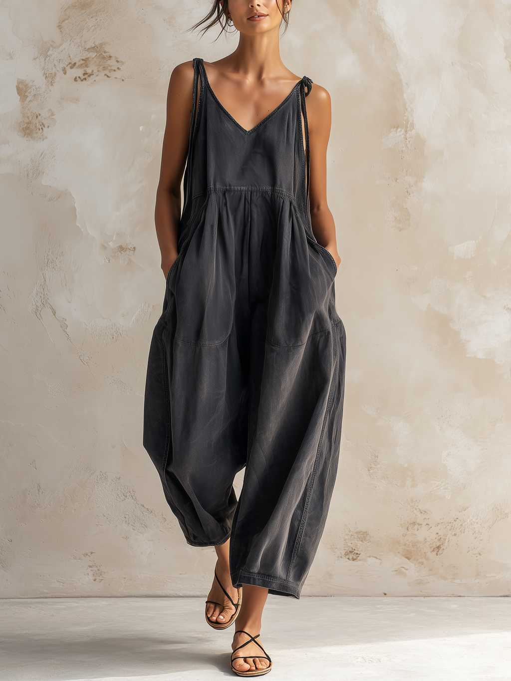 Washed Dark Gray Tencel Denim Tie Strap Harem Jumpsuit