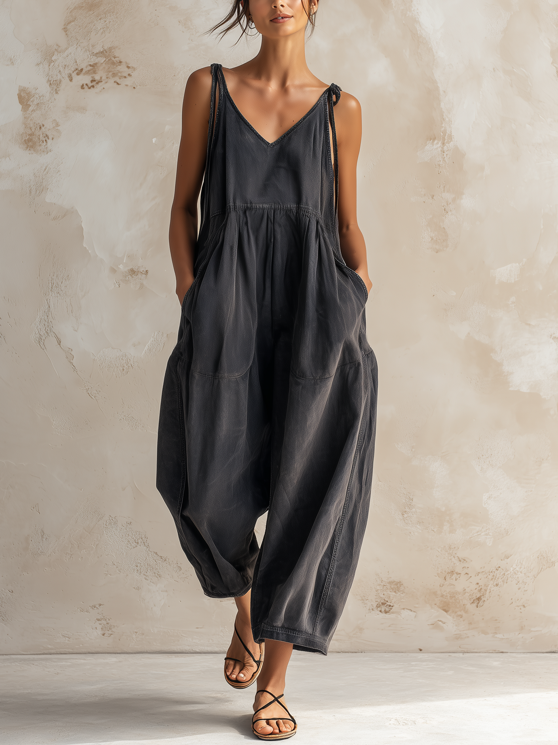 Washed Dark Gray Tencel Denim Tie Strap Harem Jumpsuit
