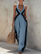 Light Blue Denim Colorblock Backless Wide Leg Jumpsuit