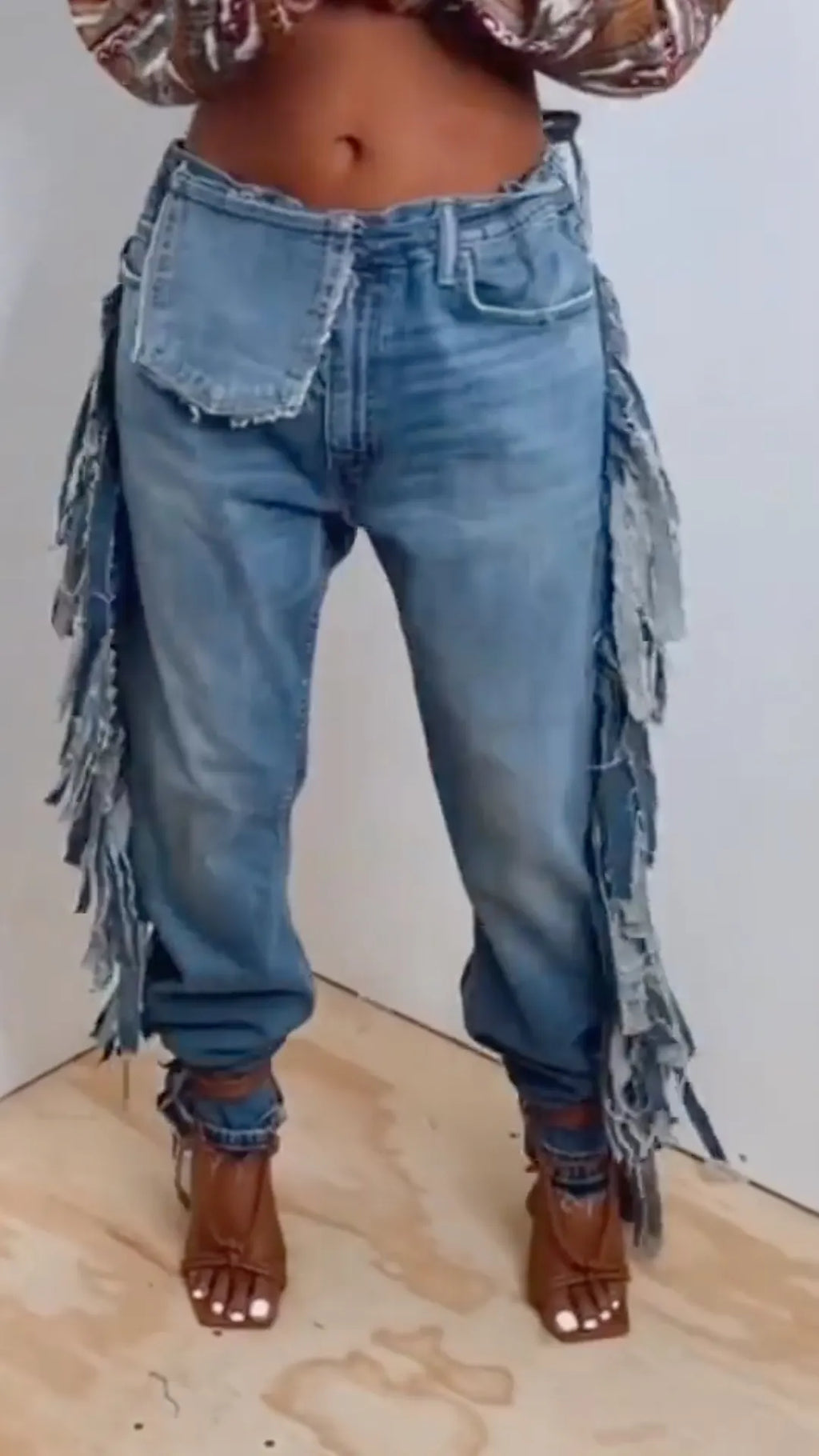 Distressed Fringe Jogger Denim Pants