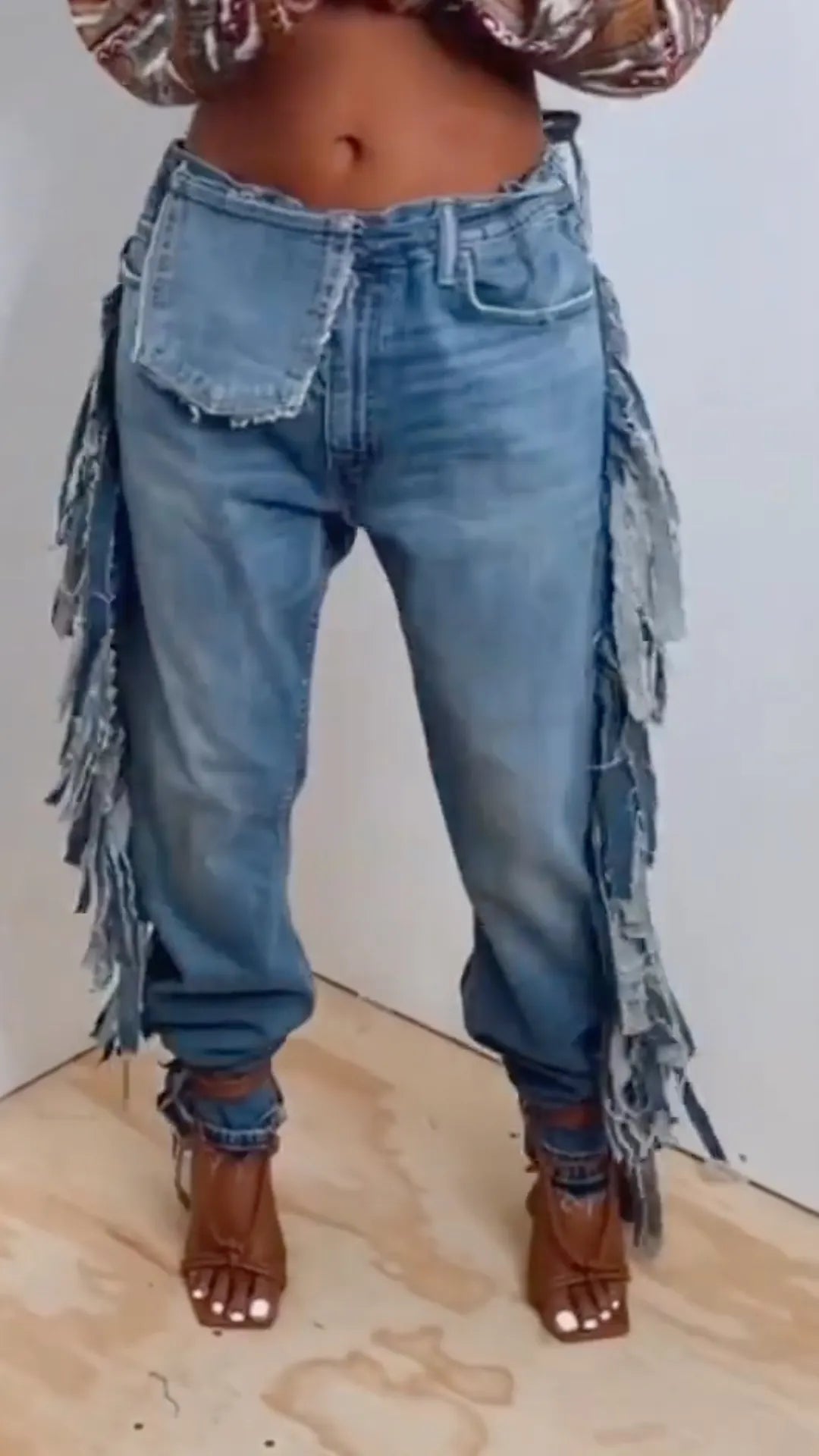 Distressed Fringe Jogger Denim Pants