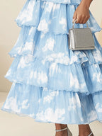 Light Blue Chiffon Printed Tiered Dress