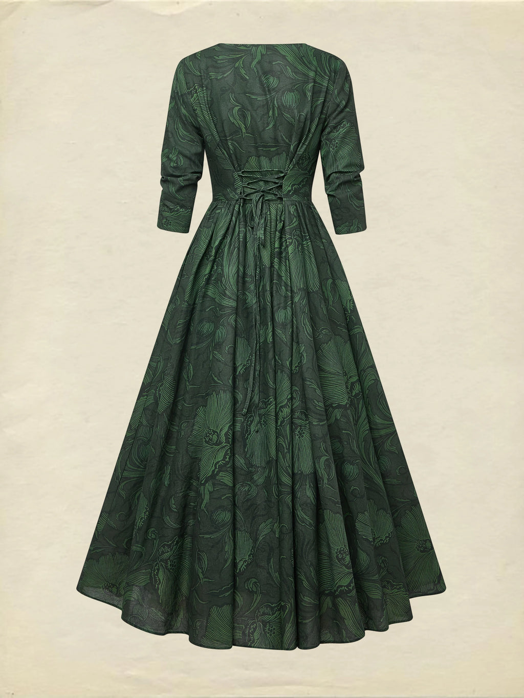 Maxi Linen Dress, Half Sleeve, V Neck, Floral, Vacation, Vintage, Deep Green