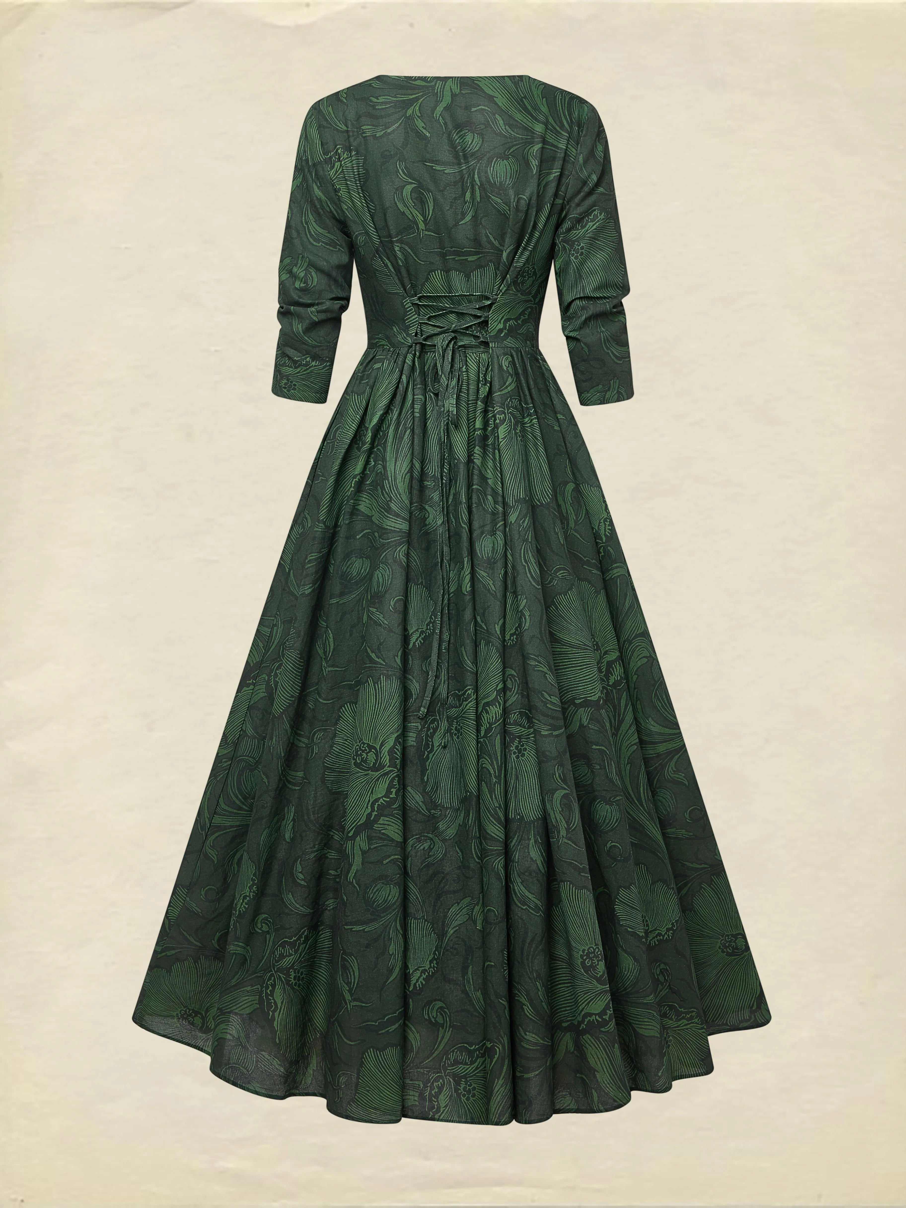 Maxi Linen Dress, Half Sleeve, V Neck, Floral, Vacation, Vintage, Deep Green