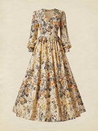 Linen Maxi Dress, Long Sleeves, V Neck, Floral, Apricot,Daily