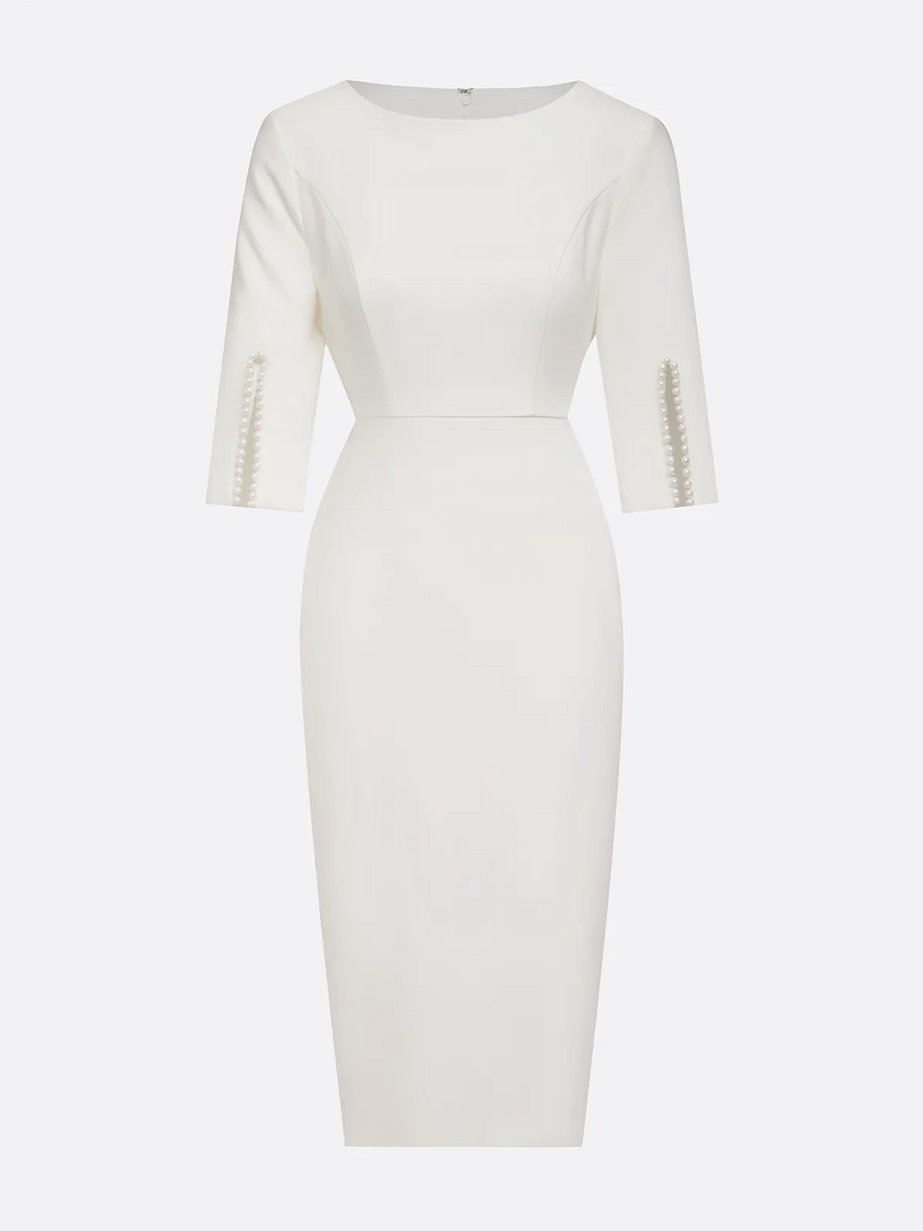 White Faux Pearl Classic Crew Neck Half Sleeve Sheath Midi Dress